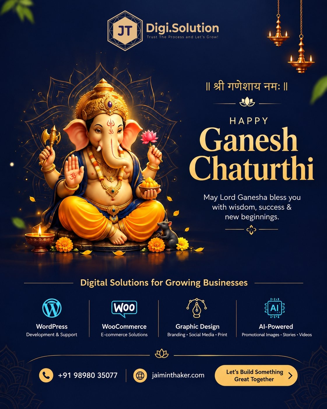 Happy Ganesh Chaturthi social media post with logo and business contact details